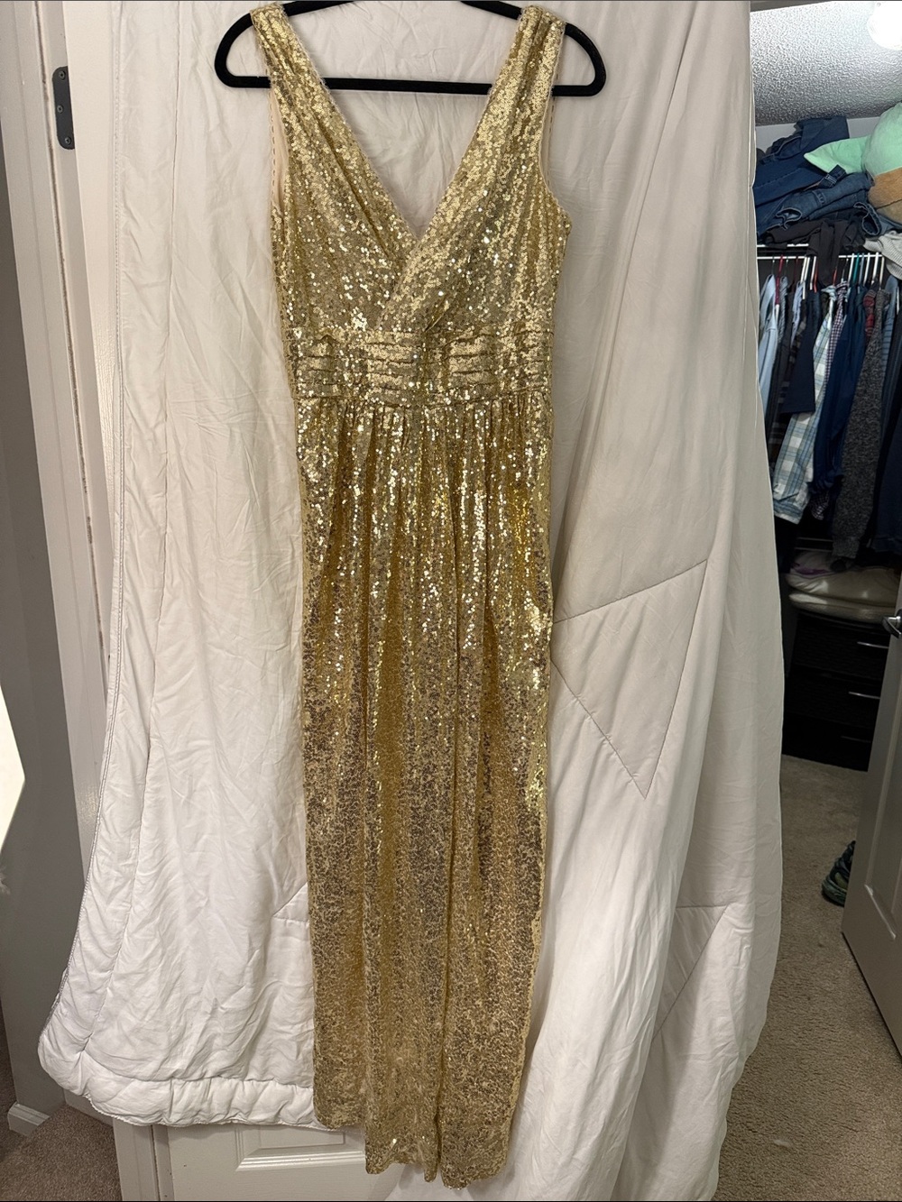 Gold Sequin V-Neck Prom Dress